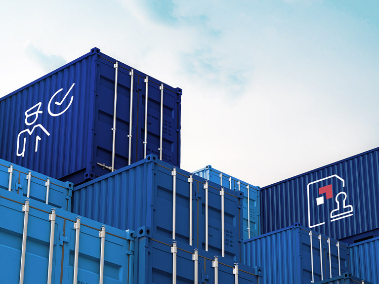 Stacked, Delmar shipping containers with graphics depicting data points on them.