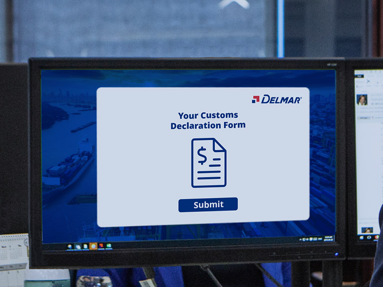 A woman in an office in front of a computer monitor that displays a Delmar graphic.